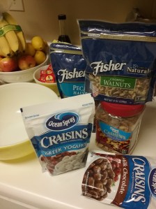 Chocolate covered craisins, pecans, walnut pieces, raisins and dry roasted cashews