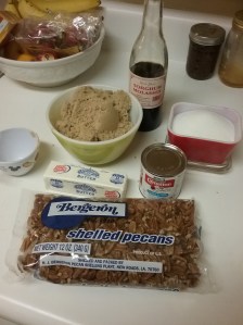 Cajun Pralines 2 cups light brown sugar 1 cup white sugar 1/2 stick of butter 2 generous tablespoons sorghum syrup 5 ounce can of evaporated milk 2 cups pecans